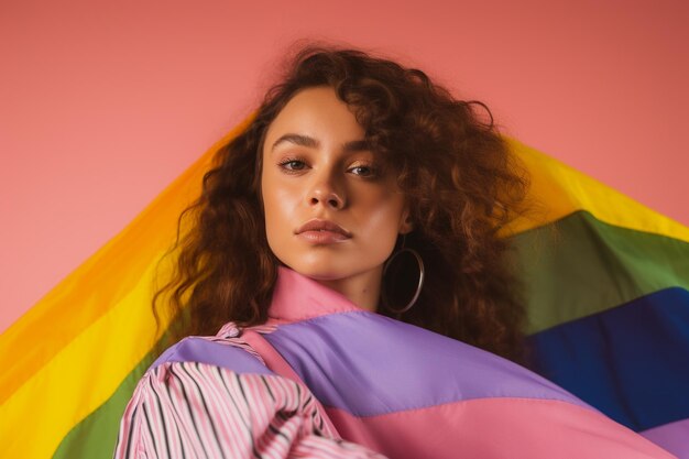 Foto foto expressiva do orgulho de uma mulher gay com uma bandeira do arco-íris papel de parede de fundo lésbico do mês do orgulho