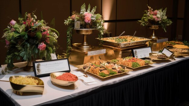 Foto una foto del exquisito menú y el catering de la boda