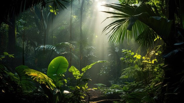 Una foto de una exuberante jungla tropical salpicada de luz solar