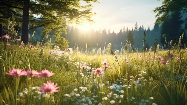 Una foto de una exuberante pradera con flores silvestres y un bosque lejano