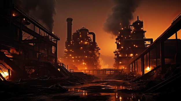 Foto una foto de una fábrica de acero con altos hornos en el fondo del paisaje industrial
