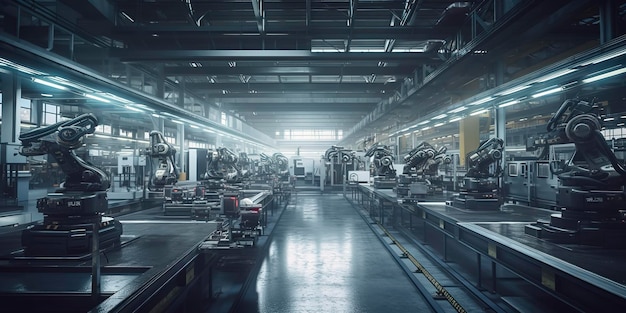 Foto de una fábrica equipada con muchos brazos cobot hasta donde alcanza la vista