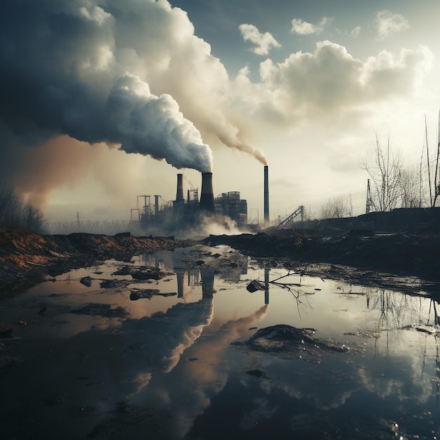 Foto de la fábrica industrial con humo en bajo ángulo de visión