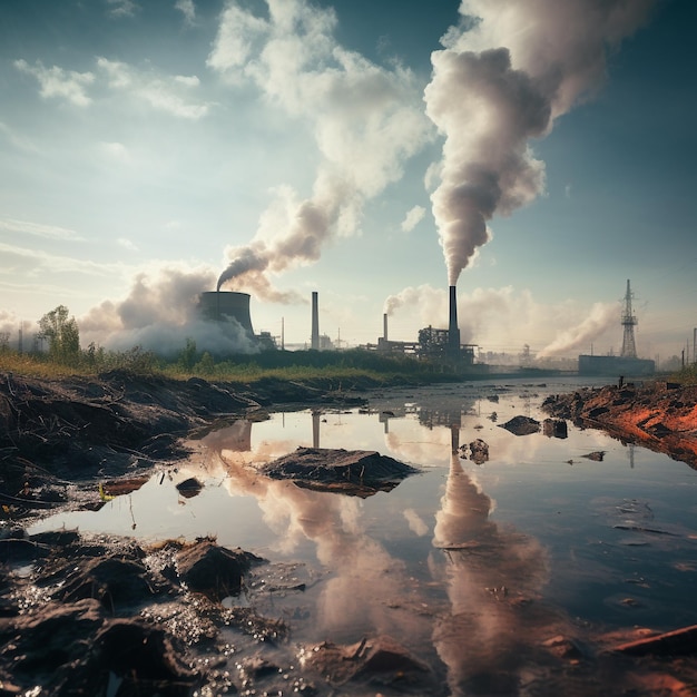 Foto de la fábrica industrial con humo en bajo ángulo de visión