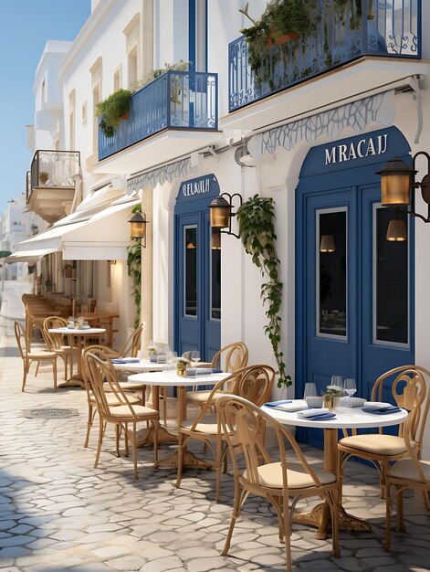 Foto de la fachada del restaurante con asientos al aire libre señalización vibrante meditación en blanco diseño creativo limpio