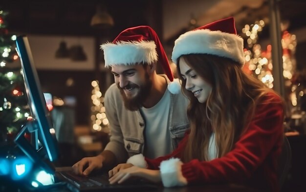 Foto una foto de una familia celebrando feliz navidad con una computadora portátil