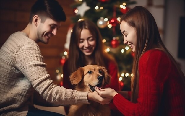 Una foto de una familia celebrando Feliz Navidad con un lindo perro