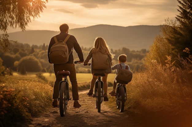 Foto de una familia disfrutando de un paseo en bicicleta a través de un pintoresco campo IA generativa