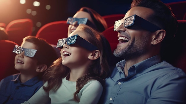 Una foto de una familia disfrutando de una película en 3D.