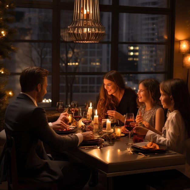 Foto de una familia feliz celebrando el año nuevo con chispas en el día de año nuevo