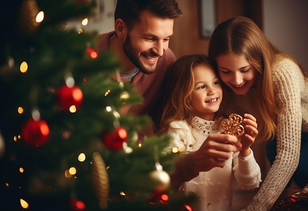 Foto de una familia feliz disfrutando la Navidad juntos en casa haciendo adornos navideños