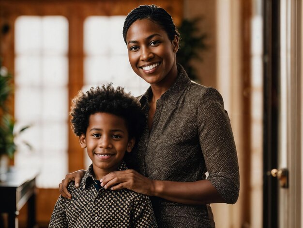 foto de familia feliz madre negra y hijo IA generativa
