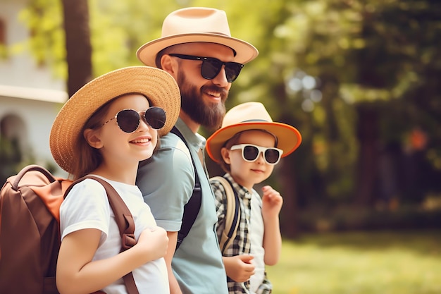 Foto de una familia feliz posando al aire libre y copiando espacio