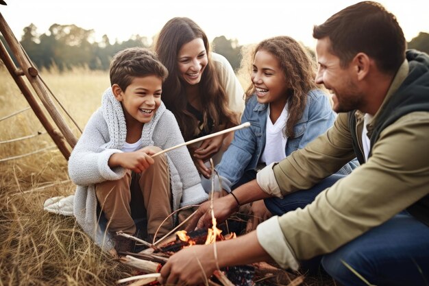 Una foto de una familia joven que pasa tiempo juntos al aire libre