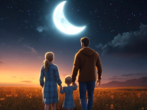 Una foto de una familia linda con una luna en el cielo