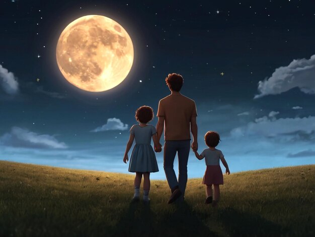 Una foto de una familia linda con una luna en el cielo