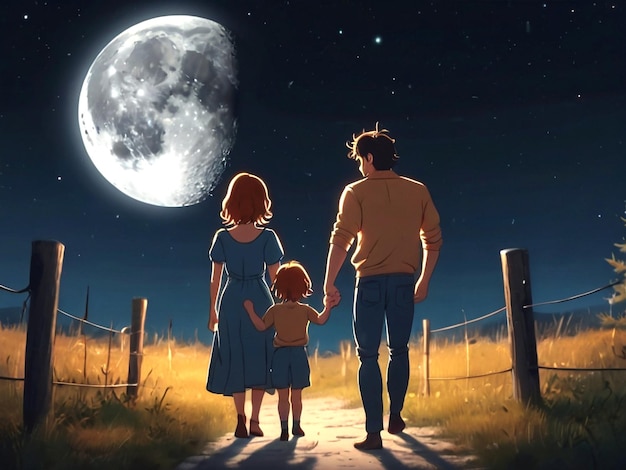 Una foto de una familia linda con una luna en el cielo