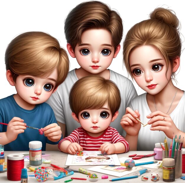 una foto de una familia con niños y un dibujo de un niño