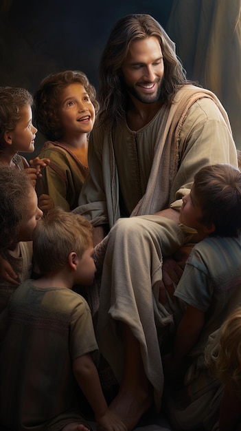 una foto de una familia con niños en el fondo.