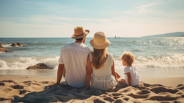 Foto de una familia numerosa en blanco cierra en la playa La familia se sienta en el océano de la playa