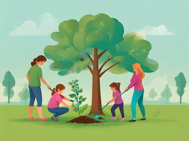 una foto de una familia plantando un árbol