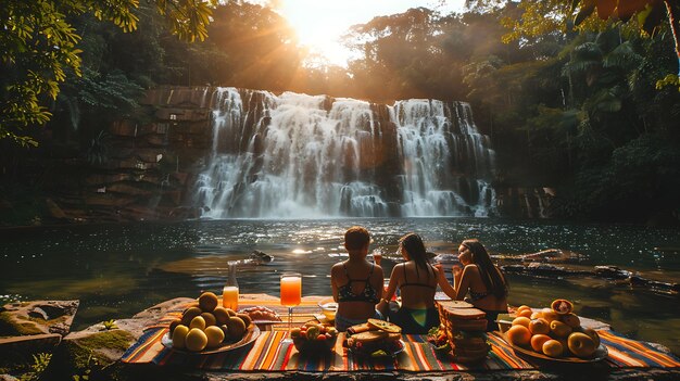 Foto de familias disfrutando de un picnic junto a una pintoresca cascada en un Colomb Actividades familiares Trabajo Cuidado