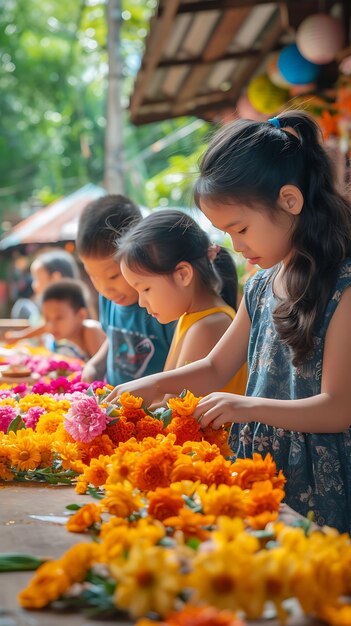 Foto de familias haciendo guirnaldas de flores tradicionales en el concepto de vacaciones del festival Asanha Bu