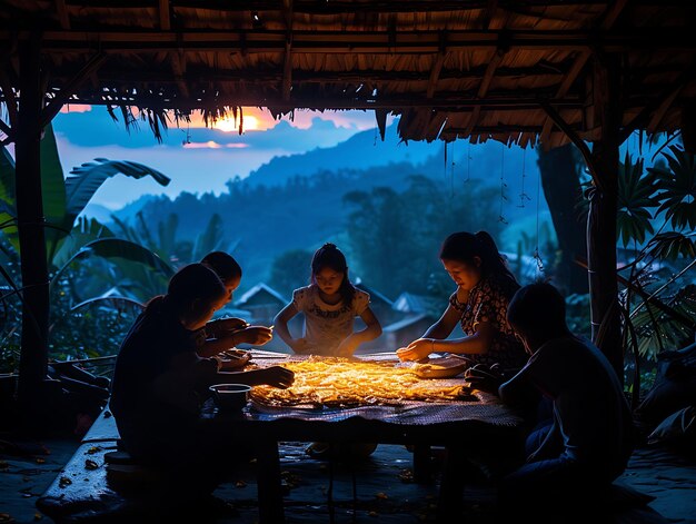 Foto de familias haciendo papel de cometa tradicional en el concepto de vacaciones del festival Brokpa Festiva