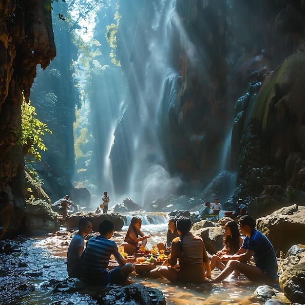 Foto de familias haciendo picnic en una pintoresca cascada tailandesa con actividades familiares de Gri