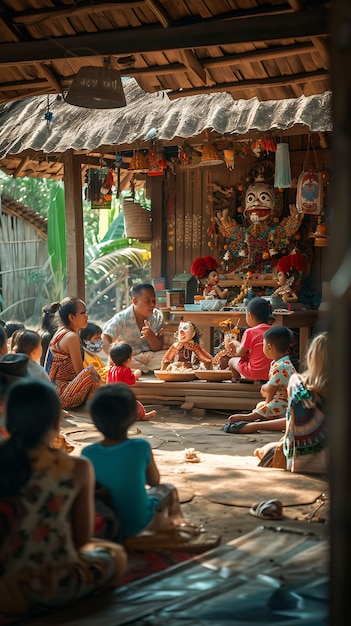 Foto de familias indonesias visitando un espectáculo tradicional de títeres en las actividades comunitarias de un vecino