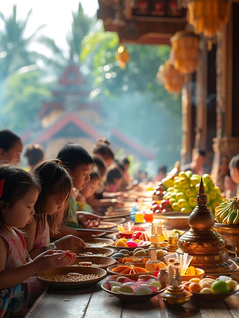 Foto de familias ofreciendo oraciones en una pagoda budista durante el concepto de vacaciones del Festival Ka