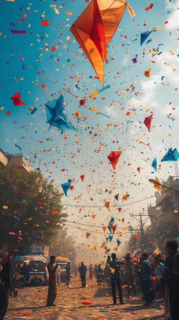 Foto de familias volando cometas de colores en el Festival de Basant en el concepto de vacaciones del Festival Pak