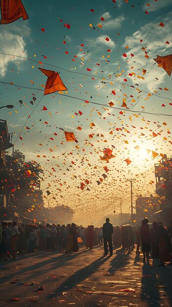 Foto de familias volando cometas de colores en el Festival de Basant en el concepto de vacaciones del Festival Pak