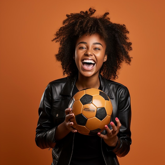 foto de una fanática negra de los deportes emocionada y sosteniendo una pelota frente a una pared de color marrón