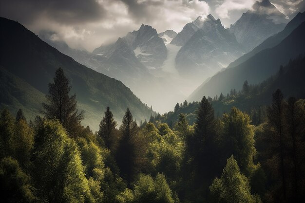 Foto-Fantasie-Berglandschaft mit generativer Wald-KI