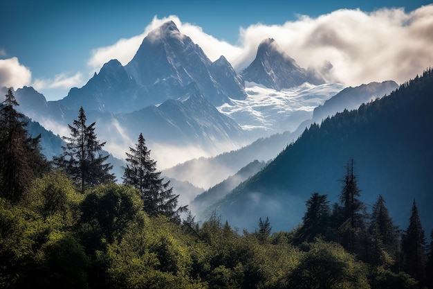 Foto-Fantasie-Berglandschaft mit generativer Wald-KI