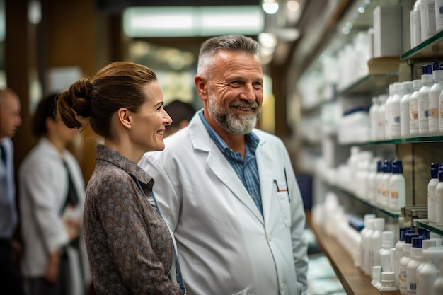 Foto de farmacéuticos que atienden a los clientes en su farmacia