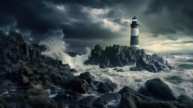 Una foto de un faro en una costa rocosa rompiendo las olas