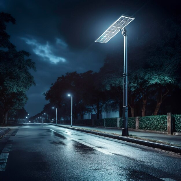 Una foto de un farol solar que ilumina una carretera