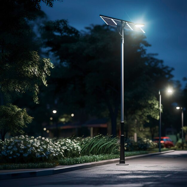 Una foto de un farol solar que ilumina una carretera