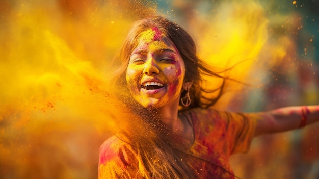 Una foto fascinante de una niña aplicando colores vibrantes durante Holi, el festival de colores, creando un