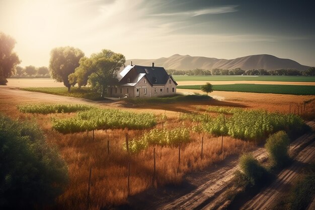 Foto fazenda rural com casa com fundo de montanha ai gerado