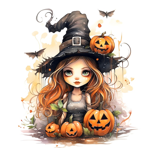 Foto Feliz día de halloween bruja con calabazas ilustración color agua Feliz día de halloween