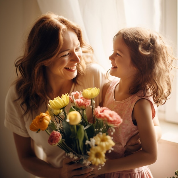 Foto feliz día de la madre hija felicitando a la madre y dándole flores