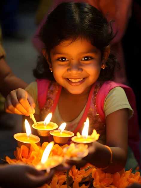 foto feliz diwali ou Deepavali crianças celebrando feliz diwali com lâmpada de óleo diya generative ai