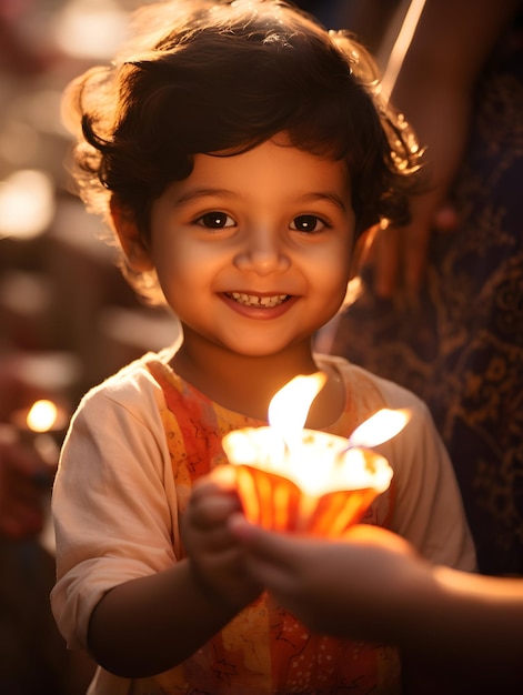 foto feliz diwali ou Deepavali crianças celebrando feliz diwali com lâmpada de óleo diya generative ai