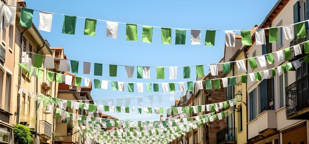 Foto Feliz Eid Mawlid un Nabi celebración islámica con banderas verdes en las calles generativo ai