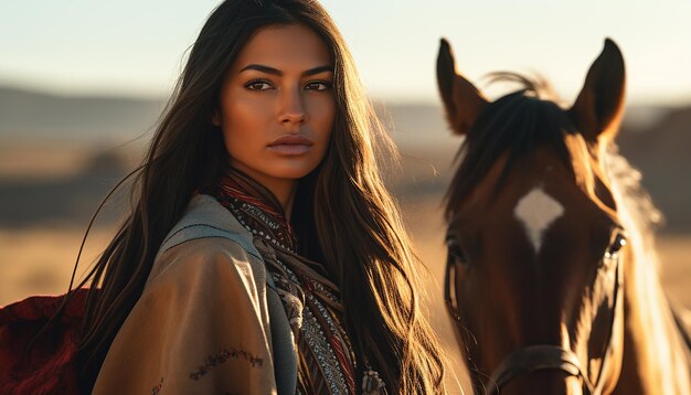 Foto foto feliz encantadora hermosa morena con caballo marrón