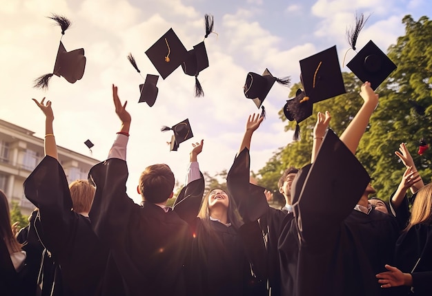 Foto del feliz equipo de graduación de estudiantes de graduación con sombrero de graduación y diploma