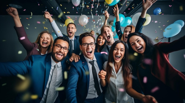 Foto foto de un feliz equipo de negocios diverso celebrando el éxito y teniendo f